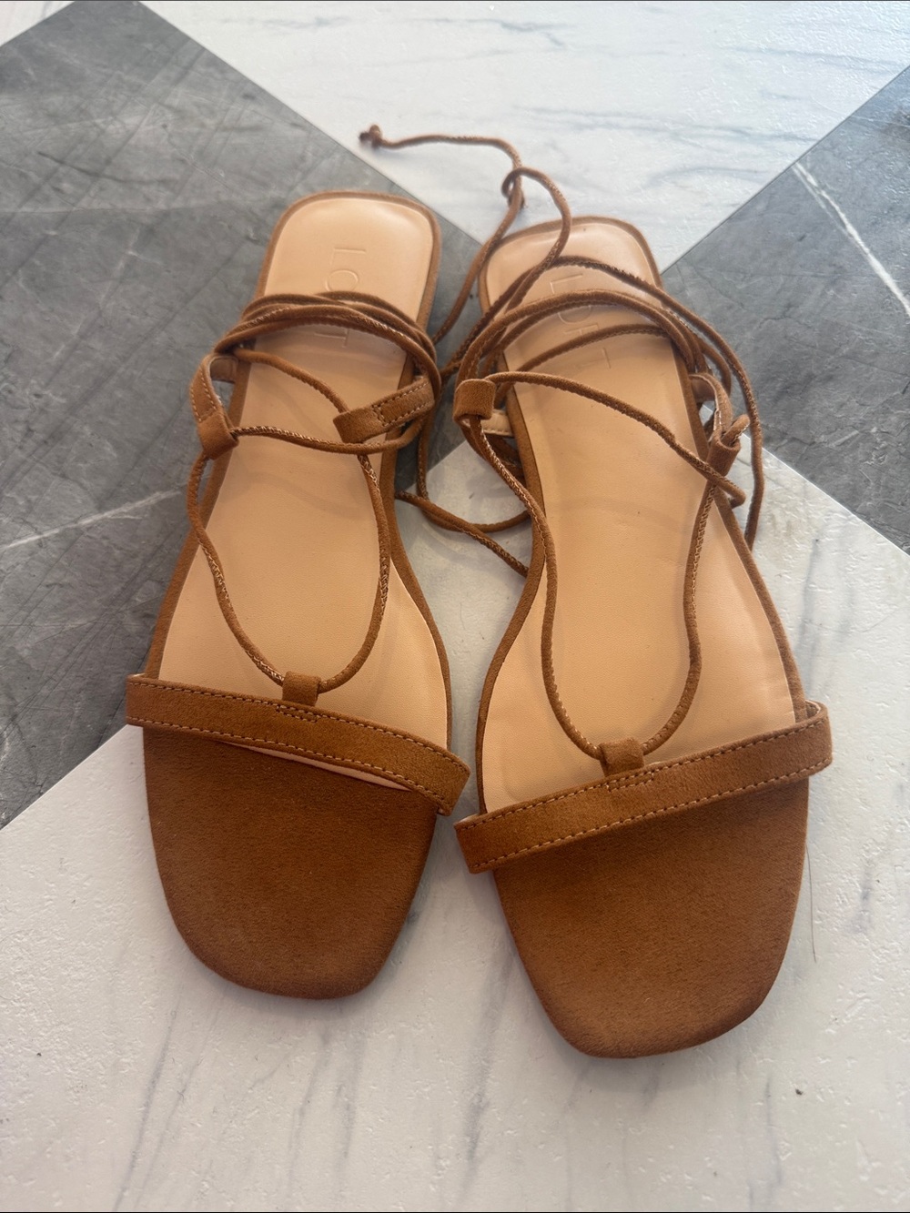 LOFT Tan Suede Lace-Up Flat Sandals